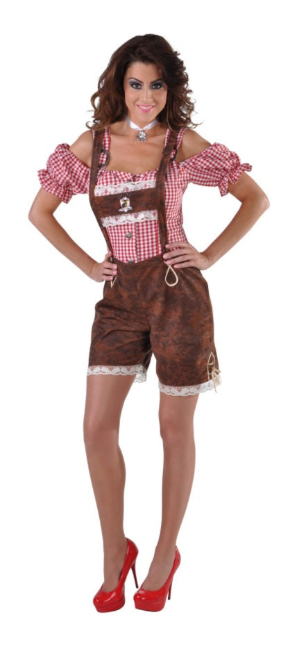Tirolerhose bruin + blauw/wit blousje - verkleedshopjur