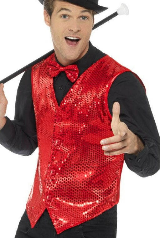 Pailletten gilet rood + hoge hoed - verkleedshopjur