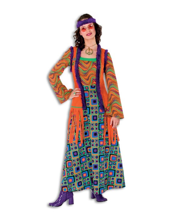 Hippie jurk lang oranje/paars - verkleedshopjur